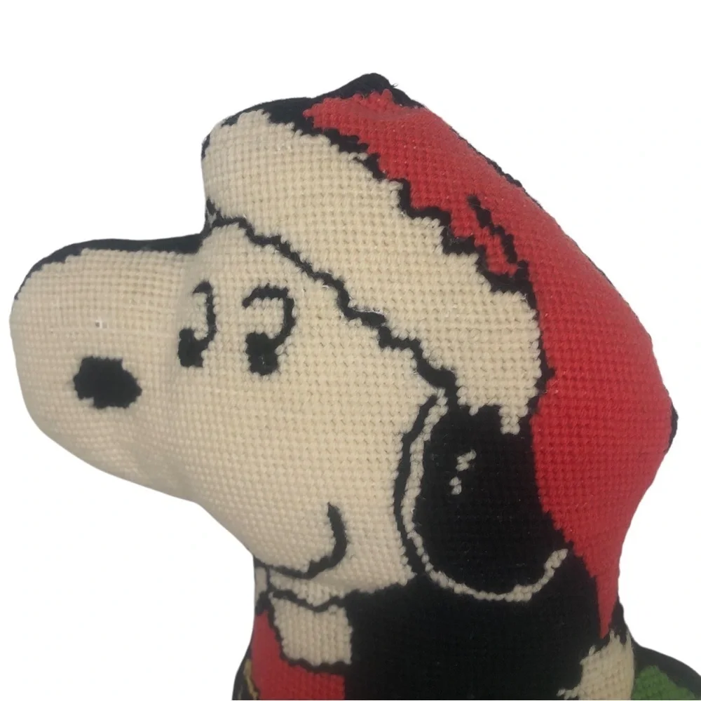 VINTAGE 80s Snoopy Santa Needlepoint Christmas Decorative Pillow Peanuts Holiday